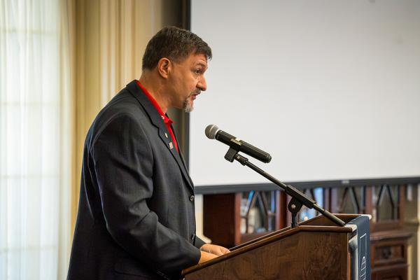 In February, Col. David Bosko, USAF (Ret.), chapter president, welcomes attendees and encourages industry to support the chapter's scholarship goals.
