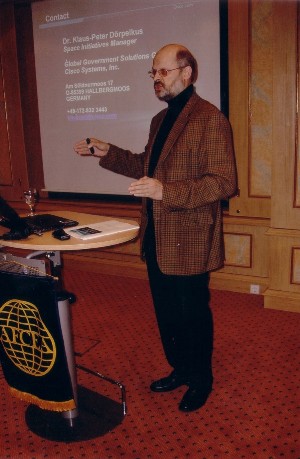 Guest speaker Dr. Klaus-Peter Dörpelkus discusses Internet protocol in space at the February event. 