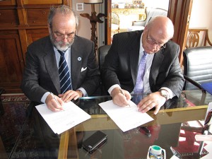 In March, Kent R. Schneider (r), president and chief executive officer of AFCEA International, is on hand to sign an agreement with Professor Michele Capasso, founder and director of Fondazione Mediterraneo, for cooperation that gave birth to the first international school for security of air traffic software.