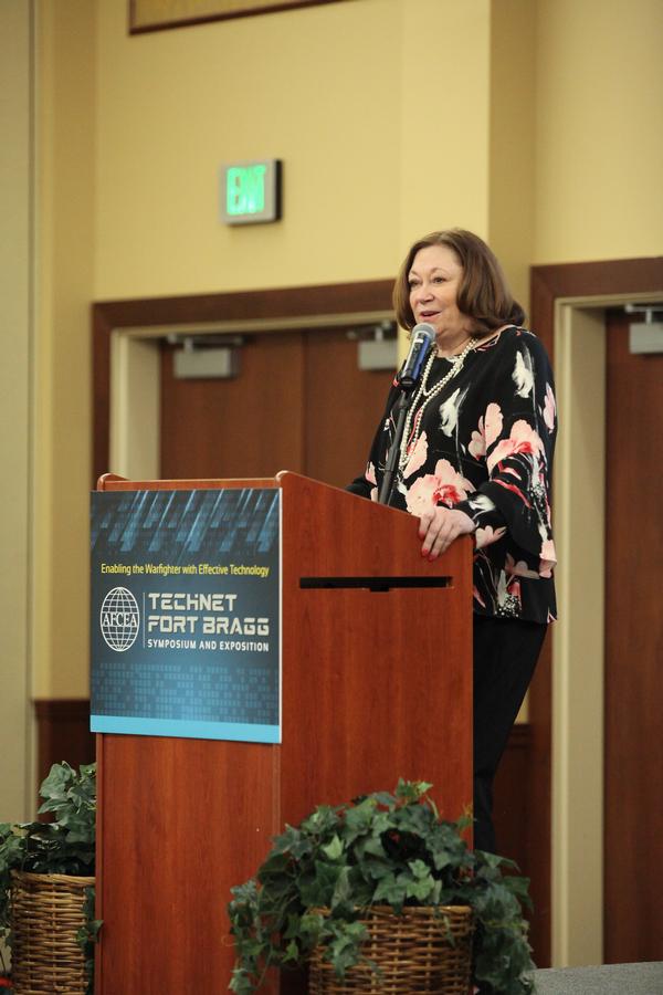The new AFCEA president, Lt. Gen. Susan Lawrence, USA (Ret.), provides an inspiring keynote address, including technology challenges during her distinguished career and challenges and opportunities for AFCEA International. (Photo courtesy of Christopher Grissett Photography)�
