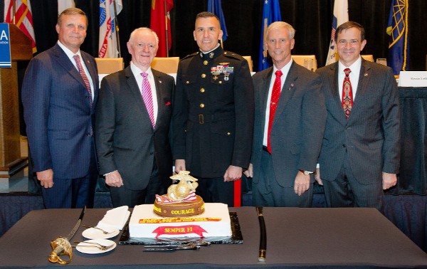 Attending the chapter's November luncheon are Col. Ron Zich (Ret.), USMC; Chuck Corjay; guest speaker Brig. Gen. Dennis Crall, USMC, director, command, control, communications, computers (C4)/chief information officer (CIO); Chapter President Dave Scarbalis; and Maj. Gen. George Allen (Ret.), USMC.