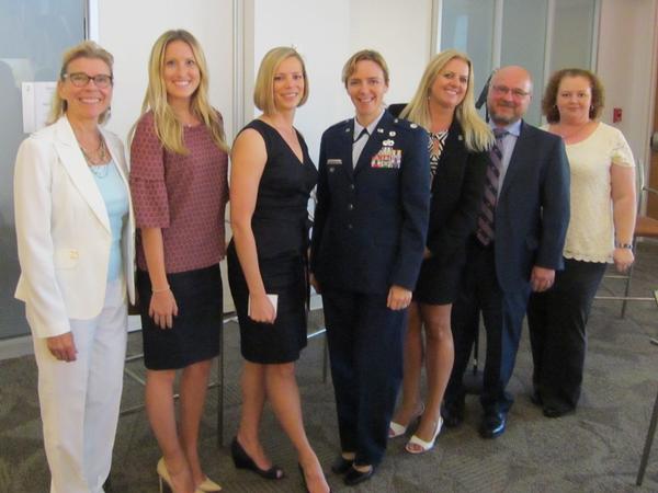 Participating in the chapter's Women in NOVA (WIN) first panel last July are (l-r) Susan Shuryn, Hayley Kinnally (Young AFCEANs), Kelly Wenner (WIN), Lt. Col. Samantha Haberlach, USAF, Tamara Greenspan (WIN), John Koski Jr. and Johanna Curry.