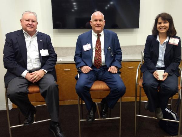 Among the panelists from the WIN event on risk management last October are (l-r) Bill Krayer, chapter president; Greg Fritz, project director, Program Executive Office, Enterprise Information Systems; and Janet Johnson, Defense Health Agency.