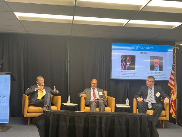Jermon Bafaty, founder and CEO, Platinum Technologies (l), moderates as the January breakfast's special guests, Christopher Jones and Robert Warren, discuss insights for small businesses to succeed in partnering with the U.S. Air Force.