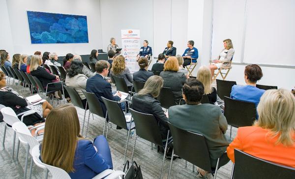 May panelists discussing women in technology include (l-r) Linda M. Bixby of LNI, moderator; Vice Adm. Sandra L. Stosz, USCG; Wanda Jones-Heath, Air Force; Jane Rathbun, Office of the Undersecretary of Defense for Acquisition, Technology and Logistics; and Diana Parr, National Security Agency.