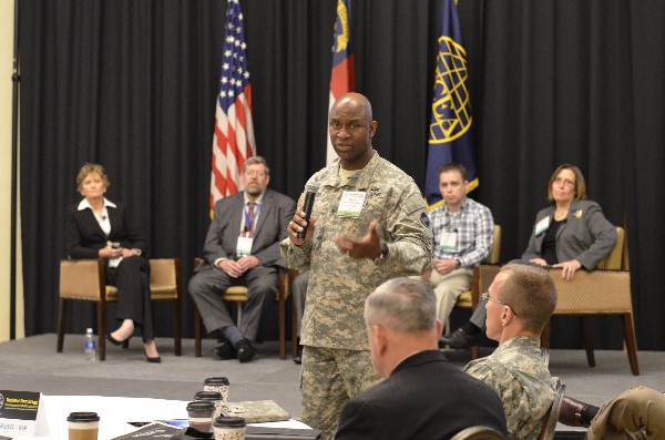 Brig. Gen. Mitchell Kilgo, USA, G-6/chief information officer at U.S. Army Forces Command (FORSCOM), discusses the future technological needs of the Army during an industry panel at the April event.

