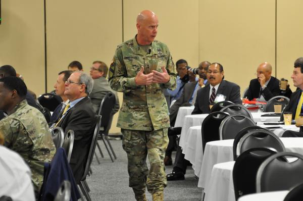 Maj. Gen. John Morrison, USA, commanding general, U.S. Army Cyber Center of Excellence, addresses the attendees at TechNet Fort Bragg in April.