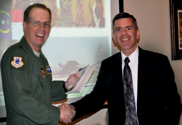 In January, Paul Reimers (r), chapter president, thanks special guest speaker Brig. Gen. James Scanlan, USAFR, commander, 440th Airlift Wing.