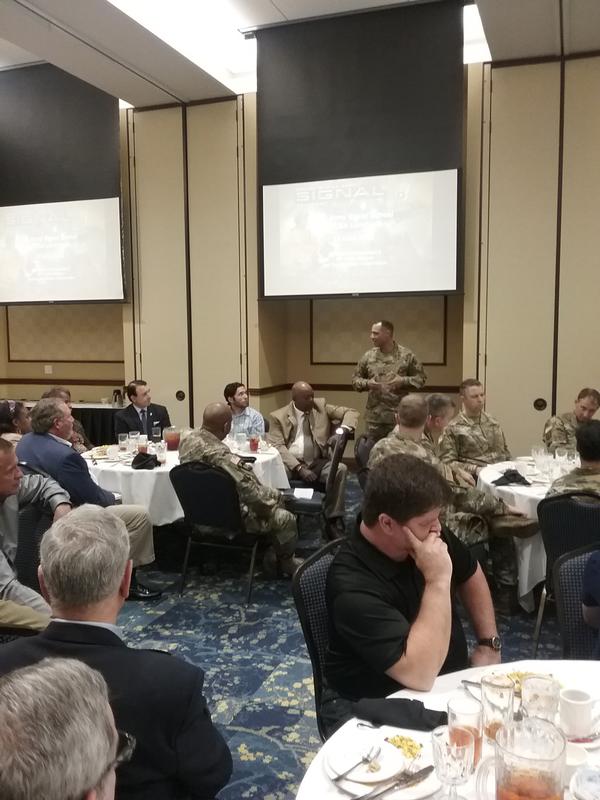 Brig. Gen. Robert L. Edmonson II, USA, the 38th chief of signal and Signal School commandant, speaks to the crowd at the chapter's June luncheon about the need to train for change.