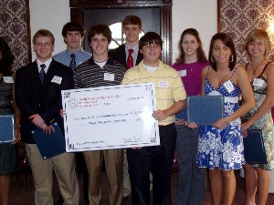 Receiving $3,000 scholarships in May are (l-r) Jonathan Hardwick, Kyle Bland, Wayne Lindsay, Matthew Fry, Ethan LeMaster, Dana Royal, Geneva Runion and Jessica Glatz.