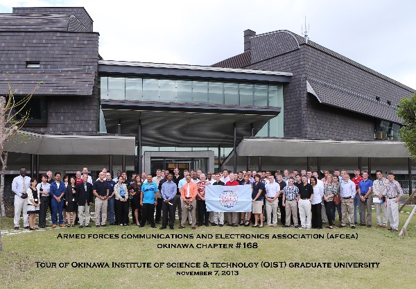 Attendees gather for the November tour of the Okinawa Institute of Science and Technology (OIST) Graduate University, including Tim Dyce, chief information officer for the institute, Community Relations staff and Master Gunnery Sgt. Arthur Allen III, USMC (far left), chapter president, who is the G-6 communications chief for III Marine Expeditionary Force.