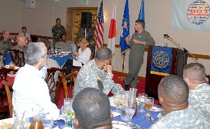 Brig. Gen. Punch Moulton engages the audience in March while delivering his address.
