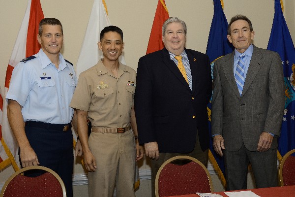 Speakers at the Combined Professional Association's 13th annual Team Orlando Defense Forum Breakfast in January include (l-r)) Col. Franz Plescha, USAF, Air Force Agency for Modeling and Simulation; Capt. Steven “Snak” Nakagawa, USN, Naval Air Warfare Center Training Systems Division; Daniel Torgler, U.S. Marine Corps program manager for training systems; and Dr. Jim Blake, U.S. Army program executive officer for simulation, training and instrumentation.