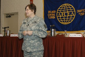 Maj. Gen. Susan Lawrence, USA, special assistant to the U.S. Army vice chief of staff, gives the keynote address at the chapter's conference in January.