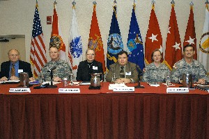 At the TechNet Orlando 2010 conference held in January, the first command, control, communications, computers, intelligence and surveillance (C4ISR) panel included (l-r) Maj. Gen. Dennis Moran, USA (Ret.), vice president, Harris Corporation, and former deputy J-6 and DAG6, Joint Chiefs of Staff; Brig. Gen. Brian Donahue, USA, director, J-6, U.S. Central Command; Cindy Moran, director, network services, Defense Information Systems Agency; Chuck Pizzutelli, assistant program executive officer, command, control and communications (Tactical), U.S. Army; Brig. Gen. Jennifer Napper, USA, commanding general, 7th Signal Command (Theater); and moderator Maj. Gen. Randy Strong, USA, commander, Life Cycle Management Command, Communications Electronics Command.