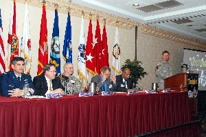 Maj. Gen. Roger Nadeau, USA, commanding general, U.S. Army Research, Development and Engineering Command, sets the theme for his panel. 