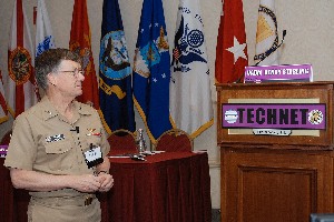 Vice Adm. H. Denby Starling II, USN, commander, Naval Network Warfare Command, provides one of the keynote speeches heard throughout TechNet Orlando, held in January.