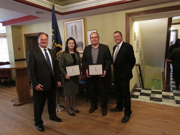 Dave Johnson (l), chapter vice president of programs, with January guest speakers Rita Whittle and Daniel Couillard (2nd from r) along with Geoff Evans, executive director of global sales and business development for Phirelight, the luncheon sponsor.