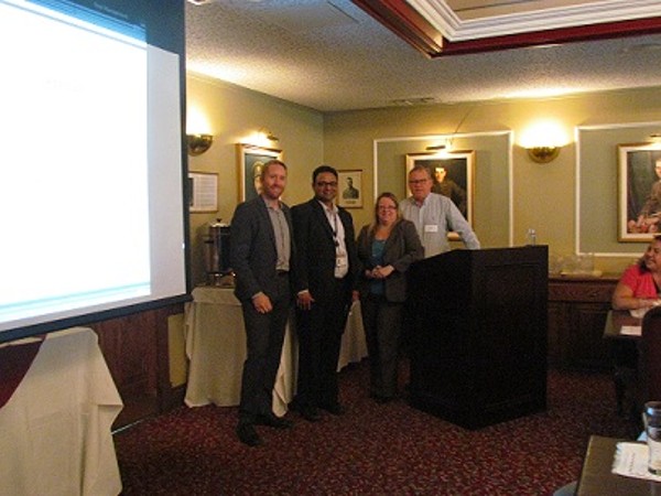 At the May luncheon are (l-r) Justin Haischrek of sponsor Intel Security with guest speaker Raj Thuppal of Shared Services Canada, Chapter President Kelly Stewart-Belisle and Chris Ellis, Intel Security.
