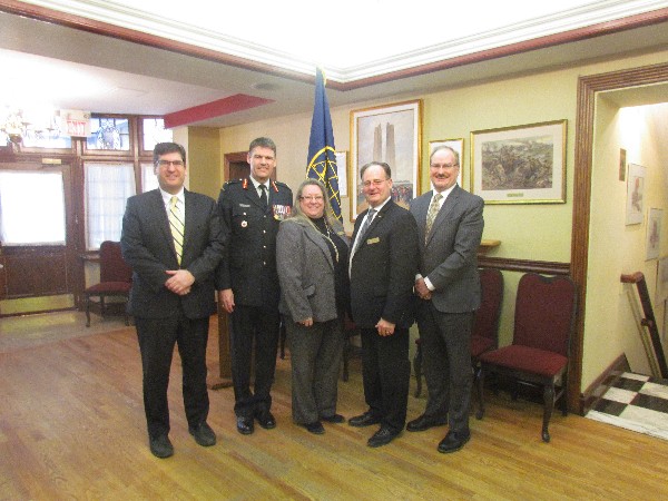 Attending the February luncheon are (l-r) AvePoint luncheon sponsor representative Peter Steele, guest speaker Brigadier-Gen. Paul Rutherford, Chapter President Kelly Stewart-Belisle, Vice President of Programs Dave Johnson and AvePoint representative Jim Short.