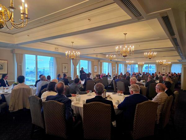 Yarker speaks to a full room at the Rideau Club in Ottawa in June.