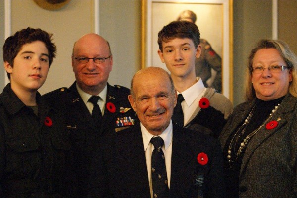 Together at the November meeting are (l-r) Cadet Chris Thompson from the Canadian GGFG; Col. Girard; Col. Hart; Cadet Paul Belisle from the Canadian GGFG; and Kelly Stewart-Belisle, regional vice president.