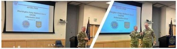 Col. Charles D. Dean Smith, USA, chapter president,  welcomes the chapter to the November luncheon (l); Col. Smith presents Brig. Gen. Paul Sellars, ARNG, with a Pacific Northwest Chapter Coin.