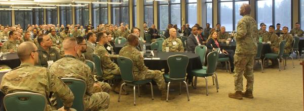 Lt. Gen. Xavier Brunson, USA, addresses the crowd in his keynote address during the February event.