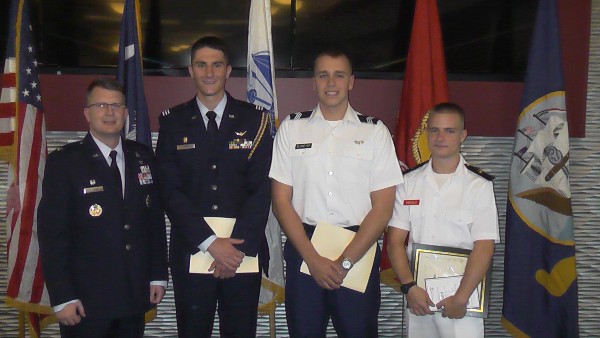 Attending the 2016 Spring ROTC Awards in April are (l-r) Col. Stamatis Smeltz, USAF and chapter president, along with the AFCEA International Scholastic Award winners Cadet Kyler J. Chern, USAF, Cadet Kurt D. Blumeyer, USA and Midshipman Kenneth E. Hodges, USN.  