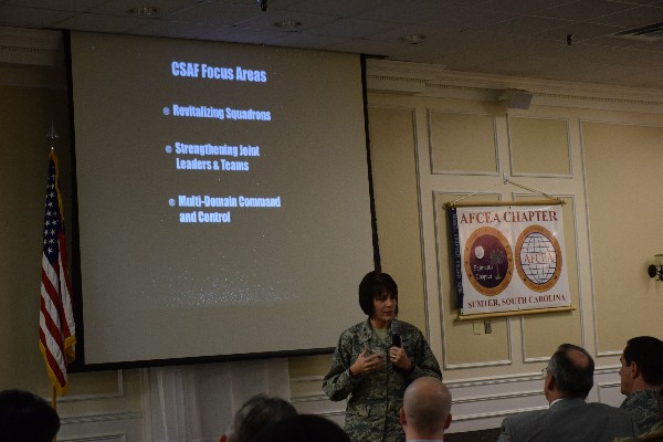 Maj. Gen. Kimberly A. Crider, USAFR, the mobilization assistant to the undersecretary of the U.S. Air Force, speaks during the chapter's January luncheon.