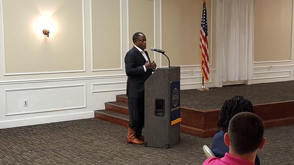 Lt. Gen. Ronnie Hawkins Jr., USAF (Ret.), begins his presentation on cybersecurity and its training demands at the chapter's May luncheon.