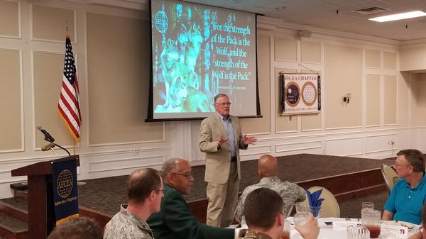 Lt. Gen. Robert M. Shea, USMC (Ret.), president and CEO of AFCEA International, kicks off the chapter's September luncheon with a favorite quote to lead into a discussion about global security.