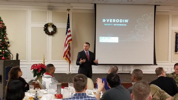 Maj. Gen. Earl Matthews, USAF (Ret.), senior vice president and chief strategy officer at Verodin, addresses chapter members during the luncheon in December. The topic of discussion was blockchain. 