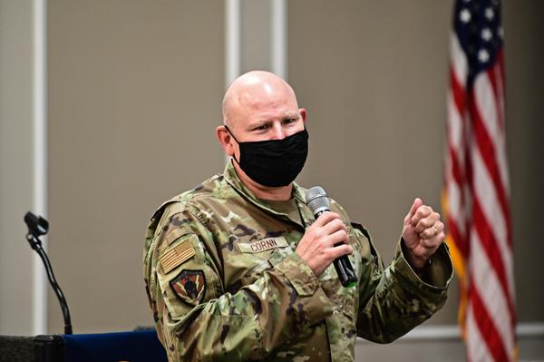 In August, Col. Gary Cornn Jr., chapter president, speaks to members on the exciting upcoming cyber capabilities of Ninth Air Force.