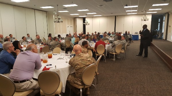 Gen. Brundidge interacts with the chapter crowd at the October event, asking questions to members about their views on industry and military cooperation and communication.