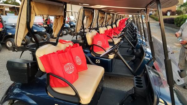 Carts are ready for the golfers, along with the AFCEA goody bags, to get them started. Chapter members raised nearly $2,000 in scholarships funds at the April tournament. 