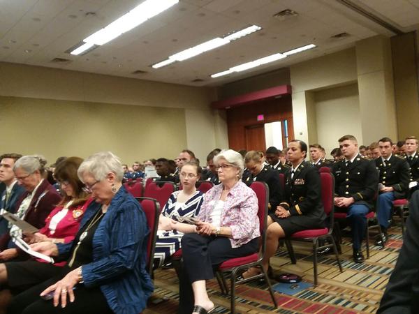 A crowd of presenters, cadets, midshipmen and family members in April supports the winners of ROTC awards, including AFCEA scholastic awards, for their hard work and scholastic achievement. 