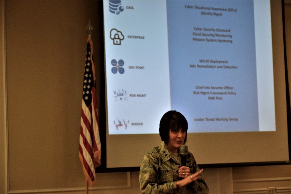 Gen. Crider speaks to the chapter in January about the chief of staff of the Air Force's three-pronged approach to cyberspace terrain, which covers the Joint Information Enterprise, cybersecurity and a chief information officer for operational oversight.