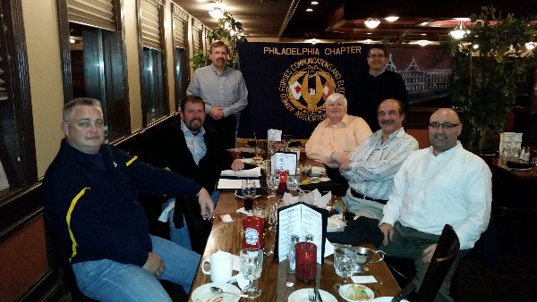 Meeting at the November social to discuss ideas for events in 2015 are (l-r): Bob Acheson, vice president, chapter affairs; Corey; Tom Rachfalski, member; Mark Meaders, treasurer; David Sheby, member; Arlotta; and Ed Shadder, vice president, programs.