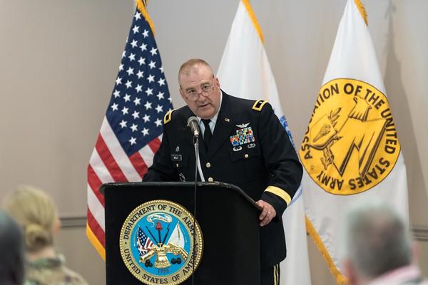 Brig. Gen. Wilbur Wolf, USA (Ret.), presents a "Dark Sky" scenario during the Army Birthday Luncheon in June at Tobyhanna Army Depot.