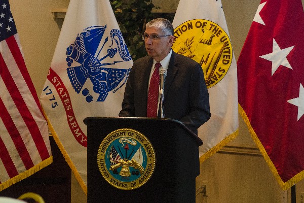 Lt. Gen. Rhett Hernandez, USA (Ret.), West Point Cyber chair, addresses a joint luncheon of the Pocono Mountains Chapter, AFCEA, and the Tobyhanna Chapter, AUSA, in September.
