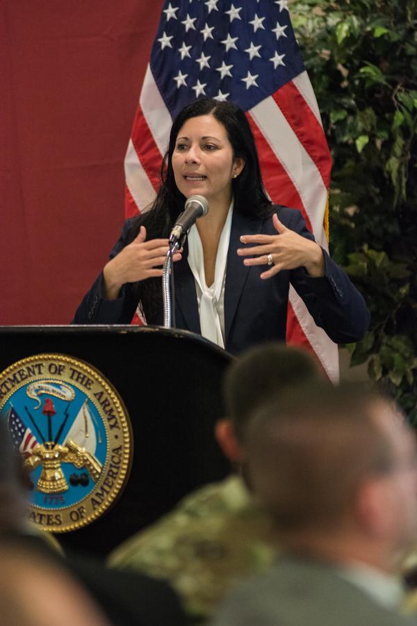 Liz Miranda, director, U.S. Army Communications-Electronics Command, Integrated Logistics Support Center, addresses the audience at the September luncheon co-hosted with the Tobyhanna Chapter of the Association of the U.S. Army. 