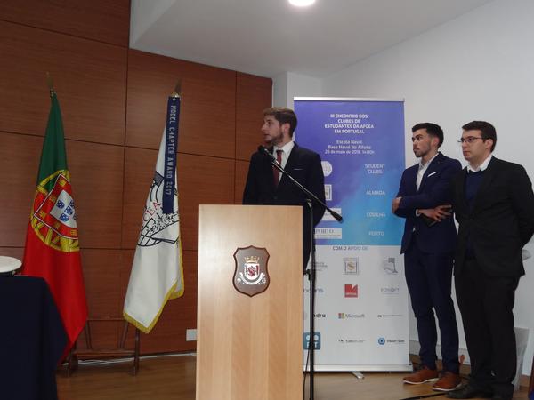 Faculty of Engineering of Porto University (FEUP) students Andre Ranito (c), Pedro Rodrigues (r) and Diogo Moreira deliver a presentation at the May student clubs meeting at the Portuguese Naval Academy.