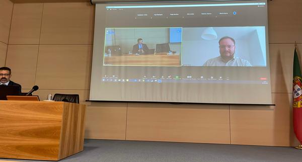 Jose Borges, Portugal Chapter vice president, moderates the debate with speaker Joao Galante during the videoconference at the September meeting. 