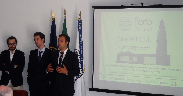 Valente (r), with Nuno Fernandes (c) and Joao Costa, deliver the student club's presentation at the May meeting in Lisbon, Portugal.