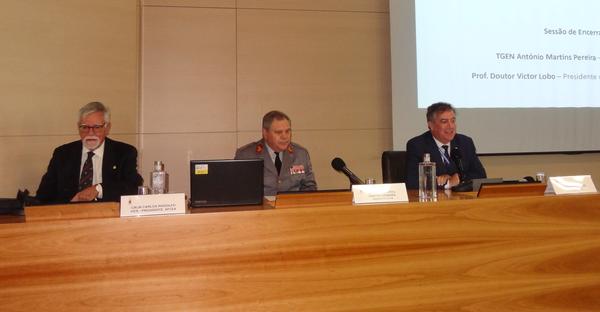 At the closing session of the September conference are (l-r): Rear Adm. Carlos Rodolfo, PRT N (Ret.), regional vice president, Atlantic Region; Lt. Gen. Martins Pereira, PRT A, commander of the Portuguese Military Institute University; and Victor Lobo, Portugal Chapter president.
