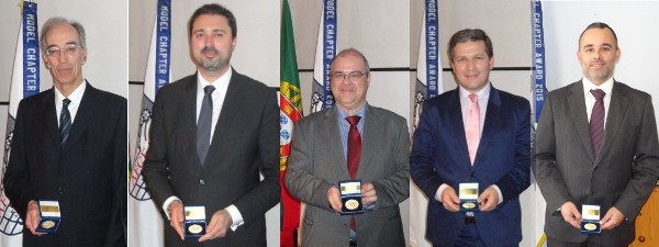 Accepting the AFCEA Medal for Outstanding Services in 2015 in March are (l-r) Vitor Lopes Dias, ESRI Portugal; Helder Alves, INDRA Portugal; Nuno Paiva, LUSIS; Marco Galinha, FUTURETE; and Sergio Barbedo, THALES.