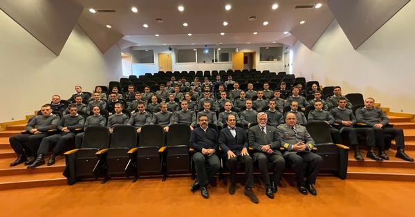 Sitting with the military electrical engineering students at the Portuguese Military Meeting in March are (l-r) José Borges, professor of System, Automation and Control; Maj. Gen. Miguel Rosas Leitao, PRT A (Ret.), chapter member; Rear Adm. Carlos Rodolfo, PRT N (Ret.), regional vice president, Atlantic Region; and Col. Henrique Cunha, PRT A, Signal course director.
