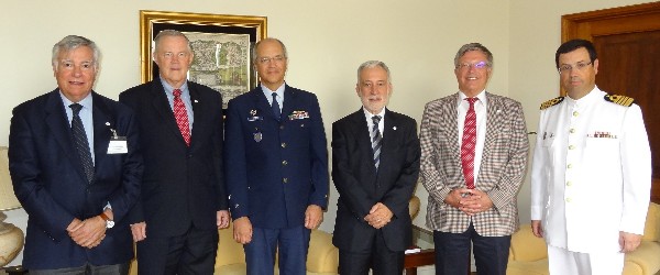 Meeting in June at the General Staff of the Portuguese Armed Forces (EMGFA) are (l-r) Adm. Rodolfo; Gen. Shea; Lt. Gen. Silvio Sampaio, PRT AF; Adm. Durao; Gen. Treche; and Capt. Belo Fabiao, PRT N, Communication and Information Services Armed Forces Directorate.