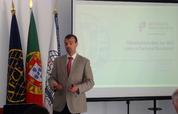 Joao Neves, head of research and development for the General Directorate for Resources at the Portuguese Ministry of Defense, delivers the keynote address at a gathering of three Portugal student clubs in May.